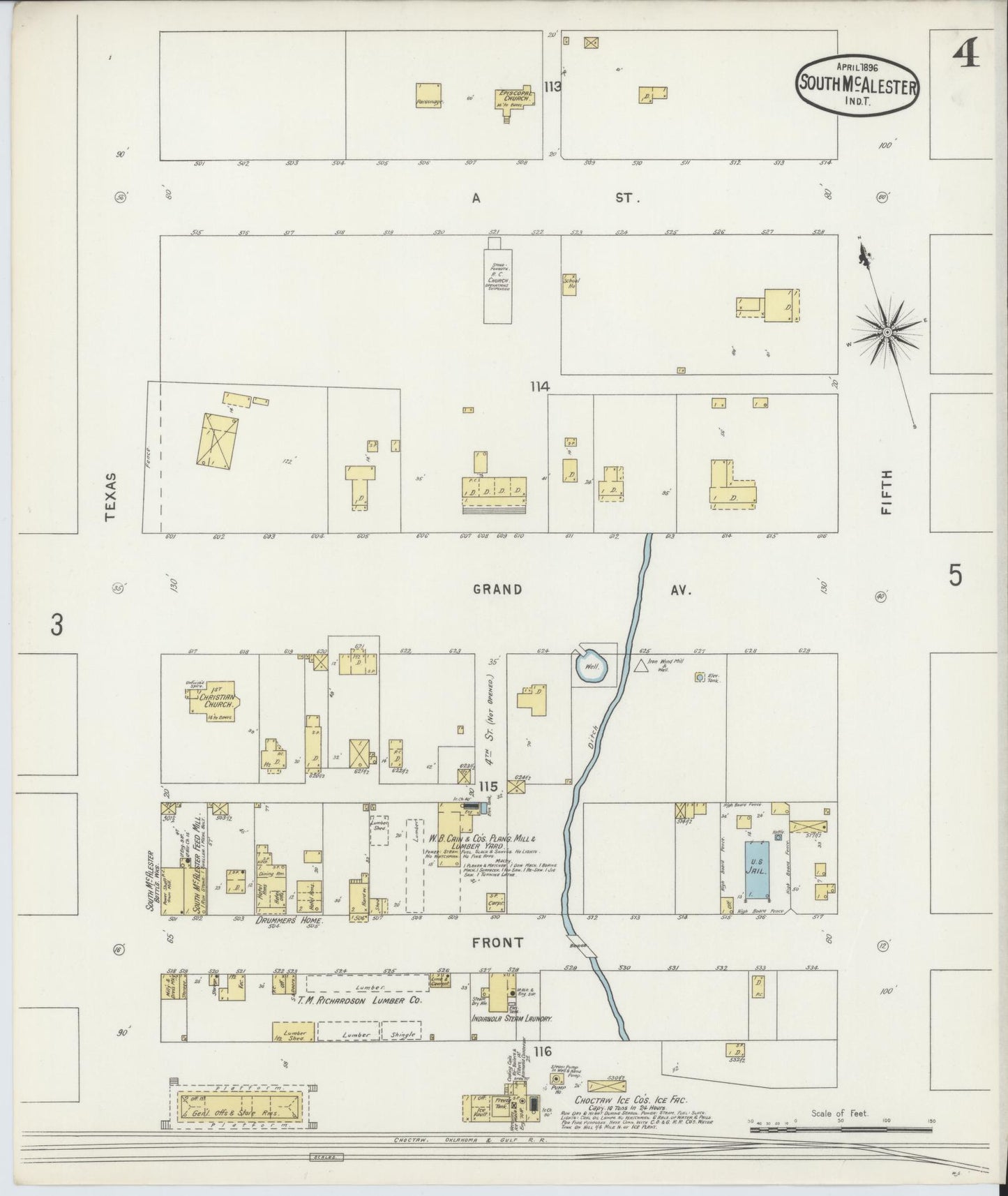 Sanborn Fire Insurance Map from South McAlester, Pittsburg County, Oklahoma (1896), Sheet #0004 - Historic Sanborn Fire Insurance Map Print, vintage old map wall art, antique decor, genealogy gift, Oklahoma Oklahoma map