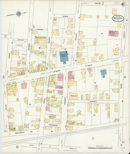 Sanborn Fire Insurance Map from Warren, Bristol County, Rhode Island (1911), Sheet #0006 - Historic Sanborn Fire Insurance Map Print, vintage old map wall art, antique decor, genealogy gift, Rhode Island Rhode Island map