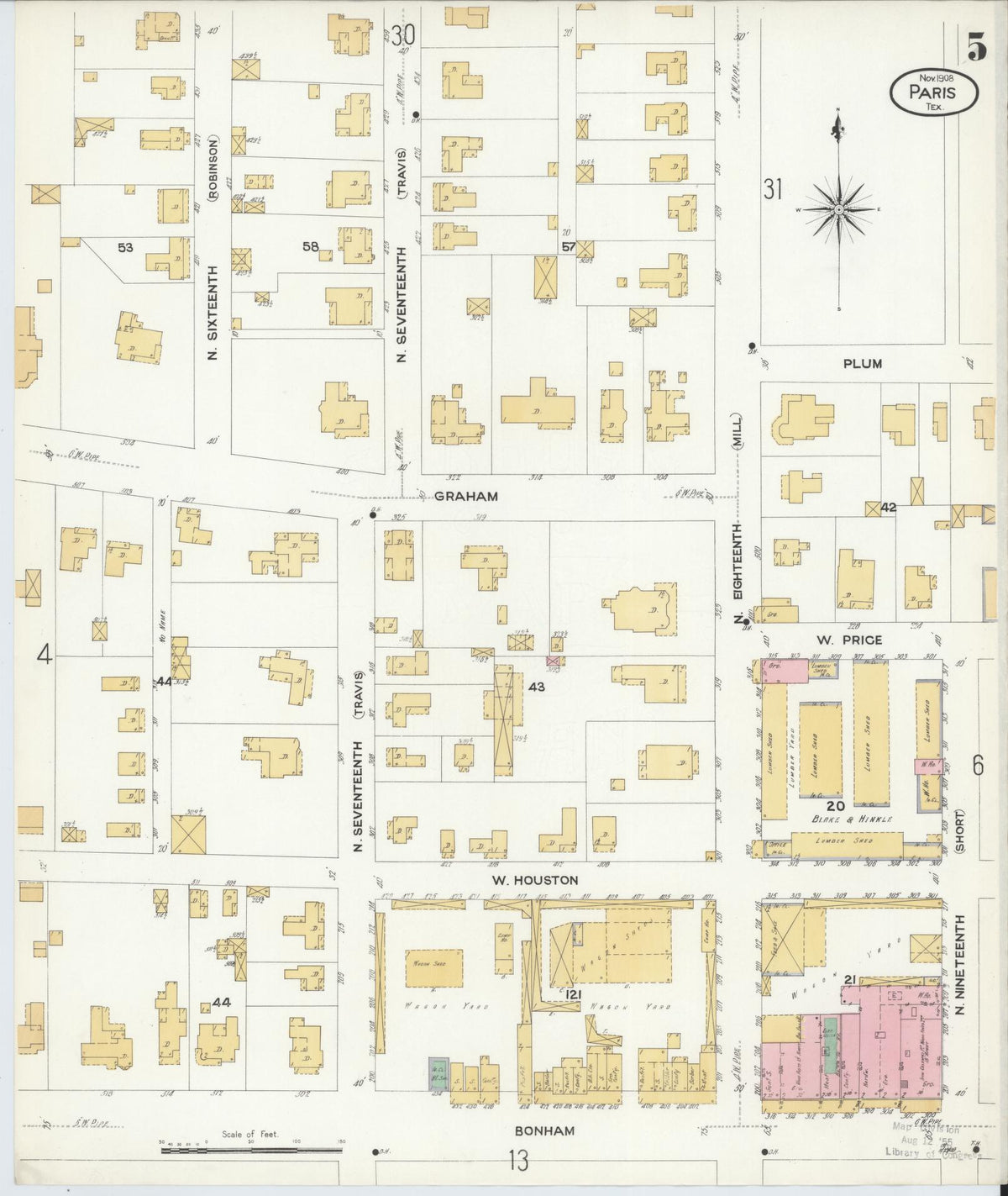 Sanborn Fire Insurance Map from Paris, Lamar County, Texas (1908), Sheet #0005 - Historic Sanborn Fire Insurance Map Print, vintage old map wall art, antique decor, genealogy gift, Texas Texas map