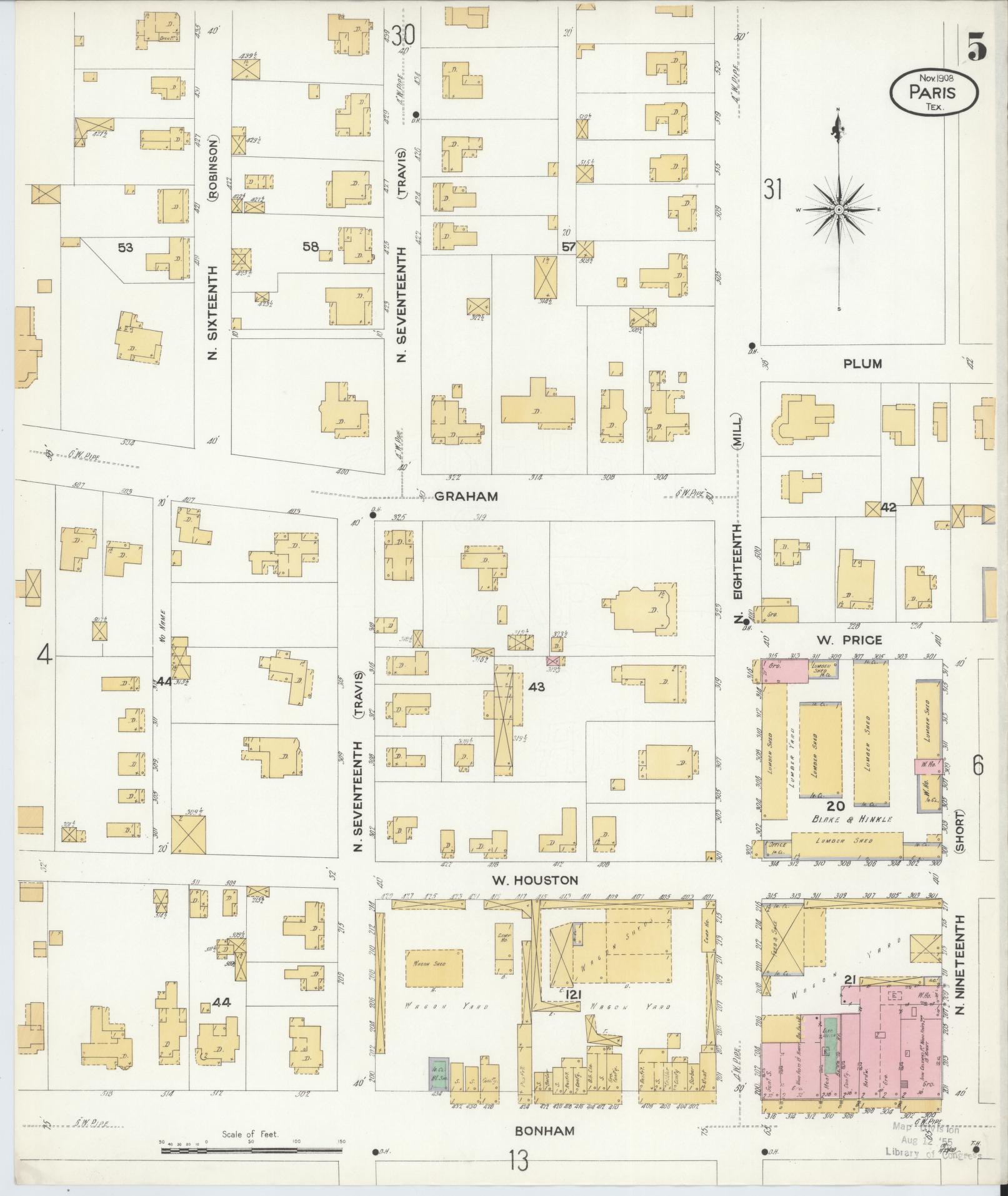 Sanborn Fire Insurance Map from Paris, Lamar County, Texas (1908), Sheet #0005 - Historic Sanborn Fire Insurance Map Print, vintage old map wall art, antique decor, genealogy gift, Texas Texas map