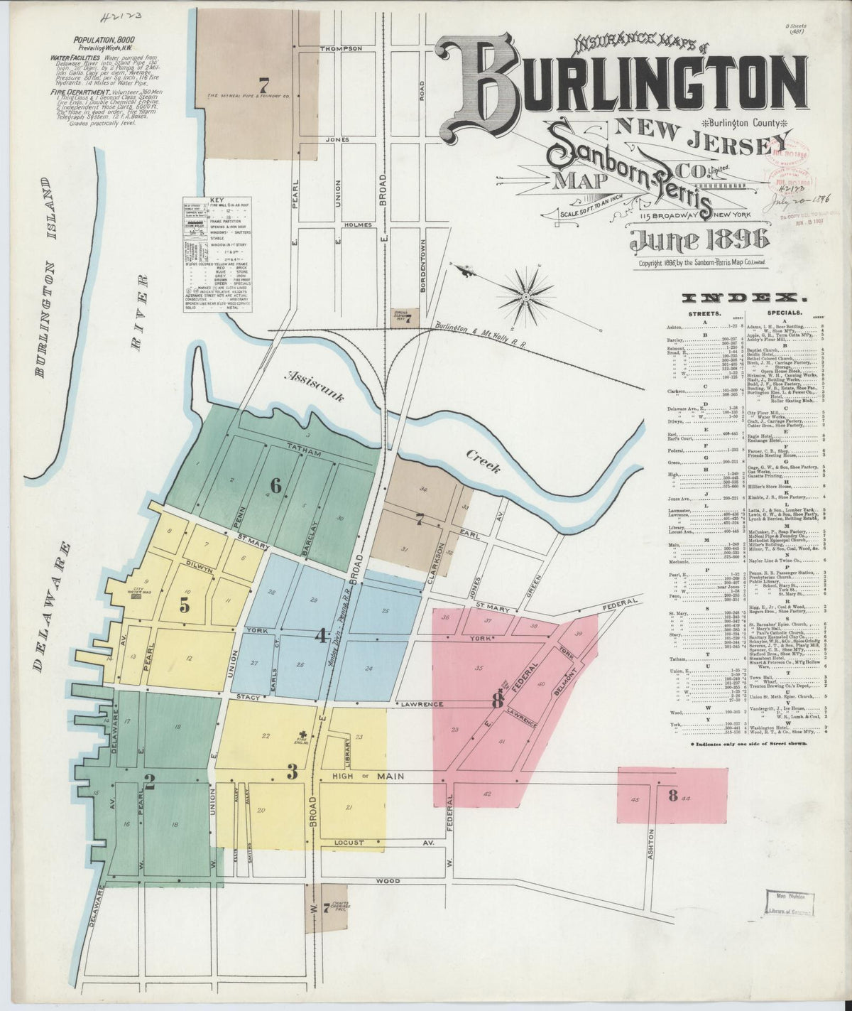 Sanborn Fire Insurance Map from Burlington, Burlington County, New Jersey (1896), Sheet #0001 - Complete Map Set gallery image, historic Sanborn map, vintage wall art, New Jersey New Jersey