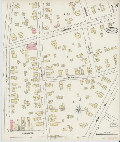 Sanborn Fire Insurance Map from Waverly, Tioga County, New York (1888), Sheet #0004 - Historic Sanborn Fire Insurance Map Print, vintage old map wall art, antique decor, genealogy gift, New York New York map
