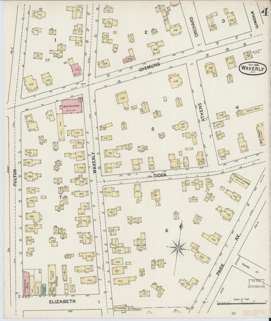 Sanborn Fire Insurance Map from Waverly, Tioga County, New York (1888), Sheet #0004 - Historic Sanborn Fire Insurance Map Print, vintage old map wall art, antique decor, genealogy gift, New York New York map