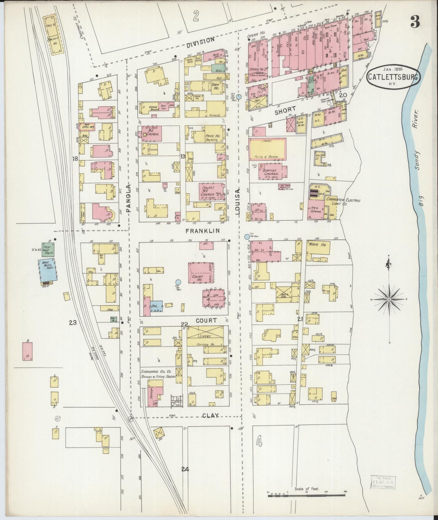 Sanborn Fire Insurance Map from Catlettsburg, Boyd County, Kentucky (1895), Sheet #0003 - Historic Sanborn Fire Insurance Map Print, vintage old map wall art, antique decor, genealogy gift, Kentucky Kentucky map