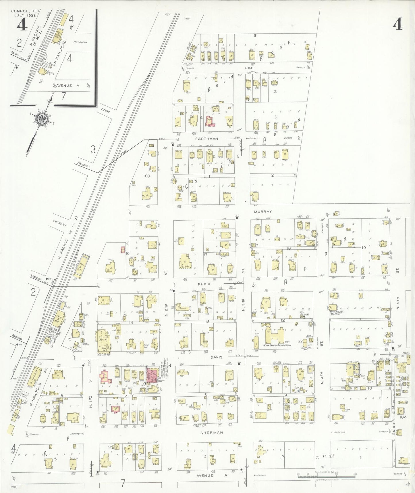 Sanborn Fire Insurance Map from Conroe, Montgomery County, Texas (1938), Sheet #0004 - Complete Map Set gallery image, historic Sanborn map, vintage wall art, Texas Texas