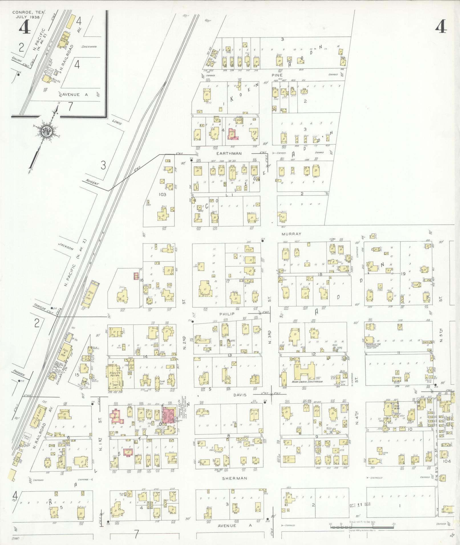 Sanborn Fire Insurance Map from Conroe, Montgomery County, Texas (1938), Sheet #0004 - Complete Map Set gallery image, historic Sanborn map, vintage wall art, Texas Texas