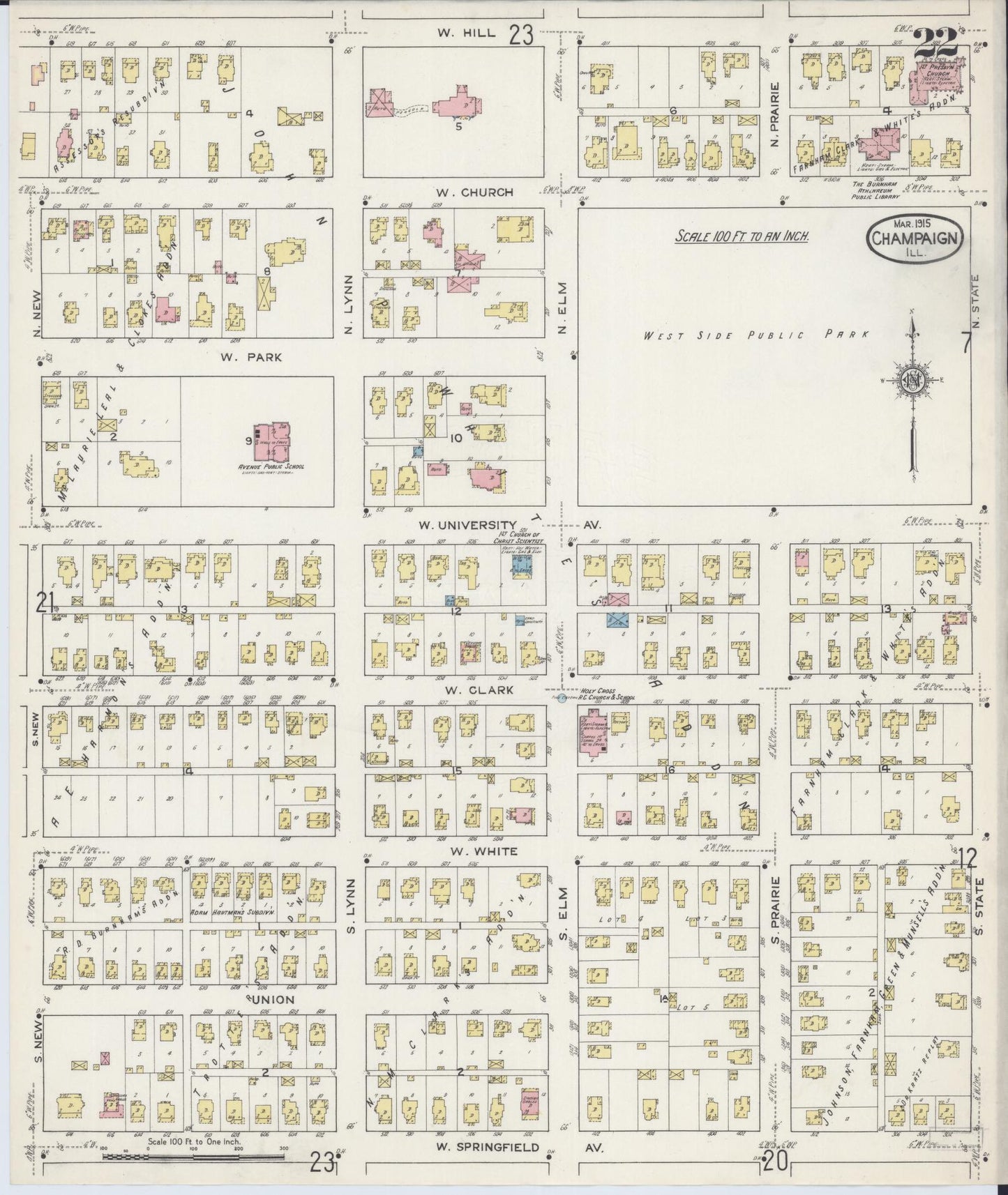 Sanborn Fire Insurance Map from Champaign, Champaign County, Illinois (1915), Sheet #0022 - Historic Sanborn Fire Insurance Map Print, vintage old map wall art, antique decor, genealogy gift, Illinois Illinois map