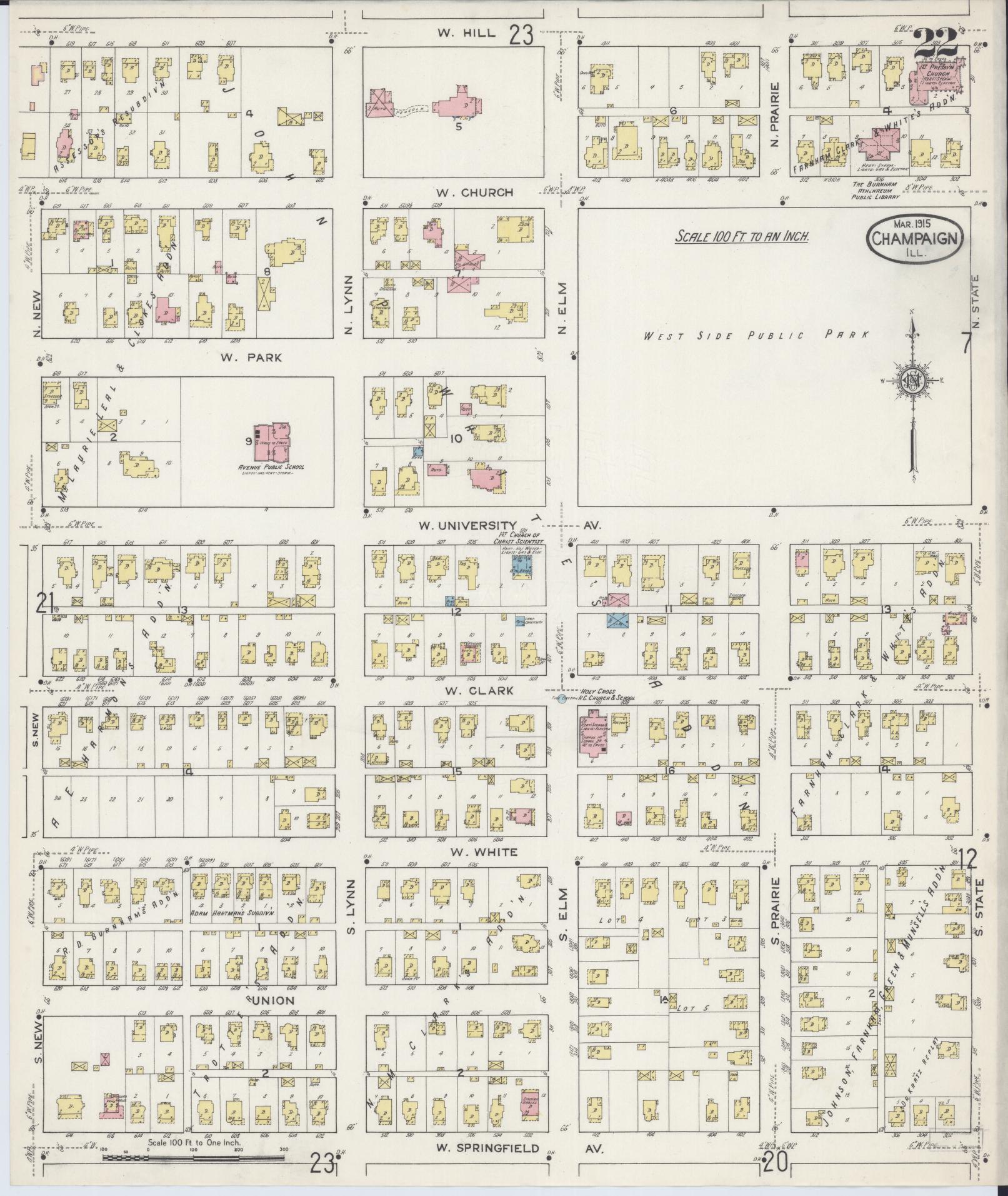 Sanborn Fire Insurance Map from Champaign, Champaign County, Illinois (1915), Sheet #0022 - Historic Sanborn Fire Insurance Map Print, vintage old map wall art, antique decor, genealogy gift, Illinois Illinois map