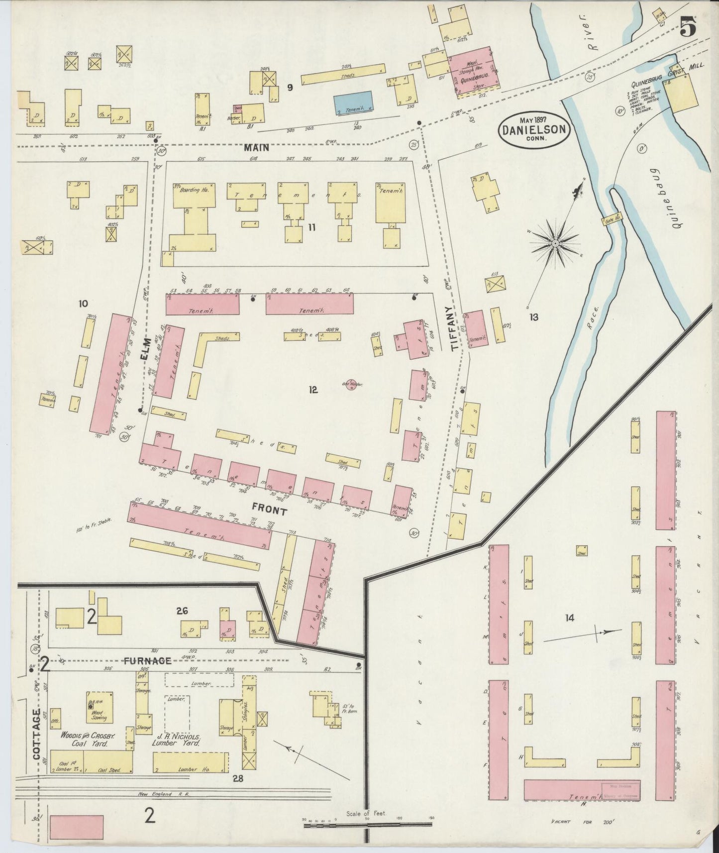 Sanborn Fire Insurance Map from Danielson, Windham County, Connecticut (1897), Sheet #0005 - Historic Sanborn Fire Insurance Map Print, vintage old map wall art, antique decor, genealogy gift, Connecticut Connecticut map