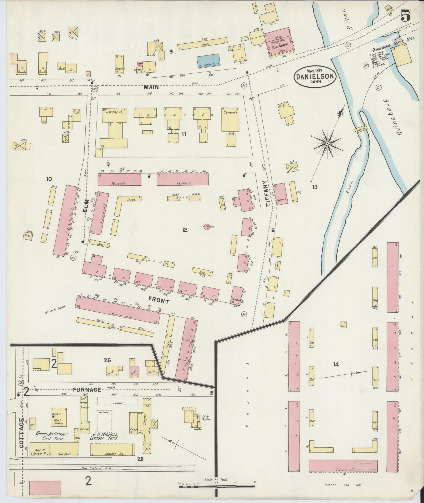 Sanborn Fire Insurance Map from Danielson, Windham County, Connecticut (1897), Sheet #0005 - Historic Sanborn Fire Insurance Map Print, vintage old map wall art, antique decor, genealogy gift, Connecticut Connecticut map