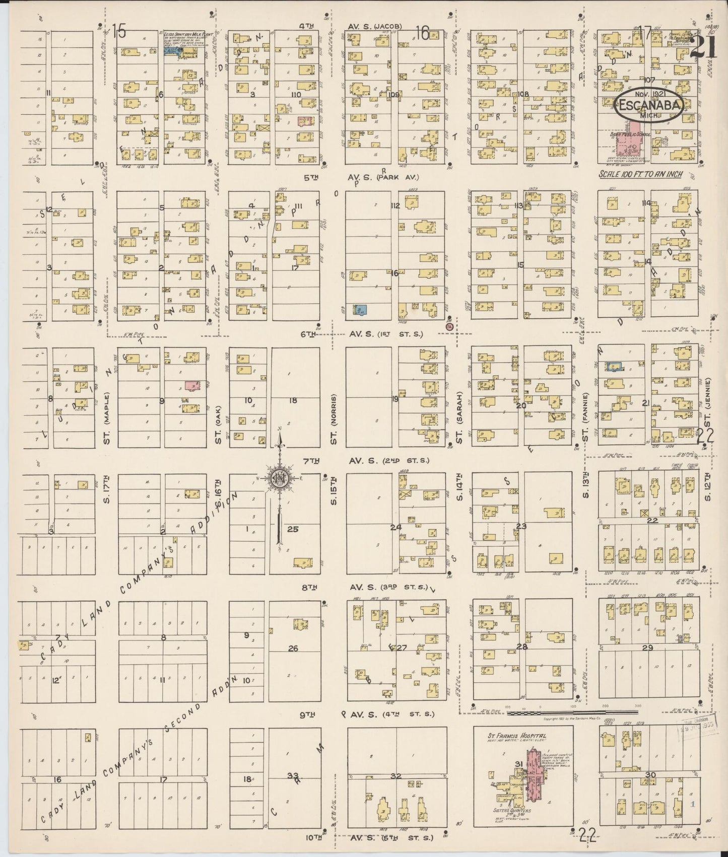 Sanborn Fire Insurance Map from Escanaba, Delta County, Michigan (1921), Sheet #0021 - Complete Map Set gallery image, historic Sanborn map, vintage wall art, Michigan Michigan