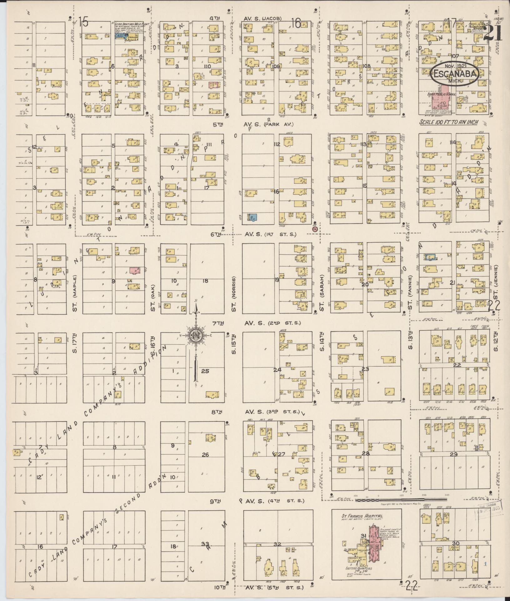Sanborn Fire Insurance Map from Escanaba, Delta County, Michigan (1921), Sheet #0021 - Complete Map Set gallery image, historic Sanborn map, vintage wall art, Michigan Michigan