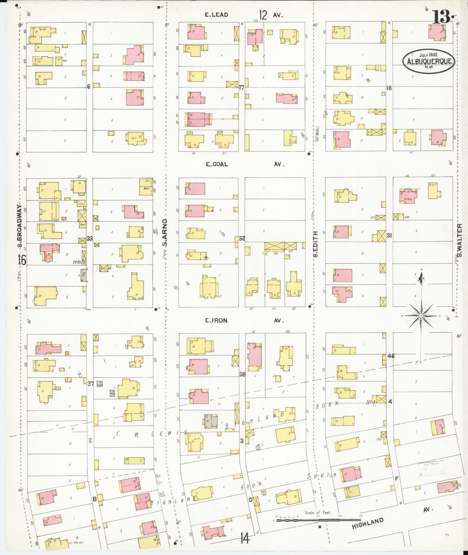 Sanborn Fire Insurance Map from Albuquerque, Bernalillo County, New Mexico (1902), Sheet #0013 - Historic Sanborn Fire Insurance Map Print, vintage old map wall art, antique decor, genealogy gift, New Mexico New Mexico map