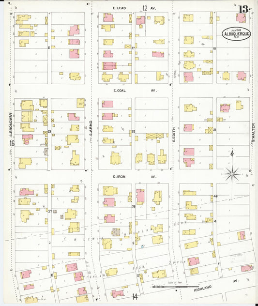 Sanborn Fire Insurance Map from Albuquerque, Bernalillo County, New Mexico (1902), Sheet #0013 - Historic Sanborn Fire Insurance Map Print, vintage old map wall art, antique decor, genealogy gift, New Mexico New Mexico map