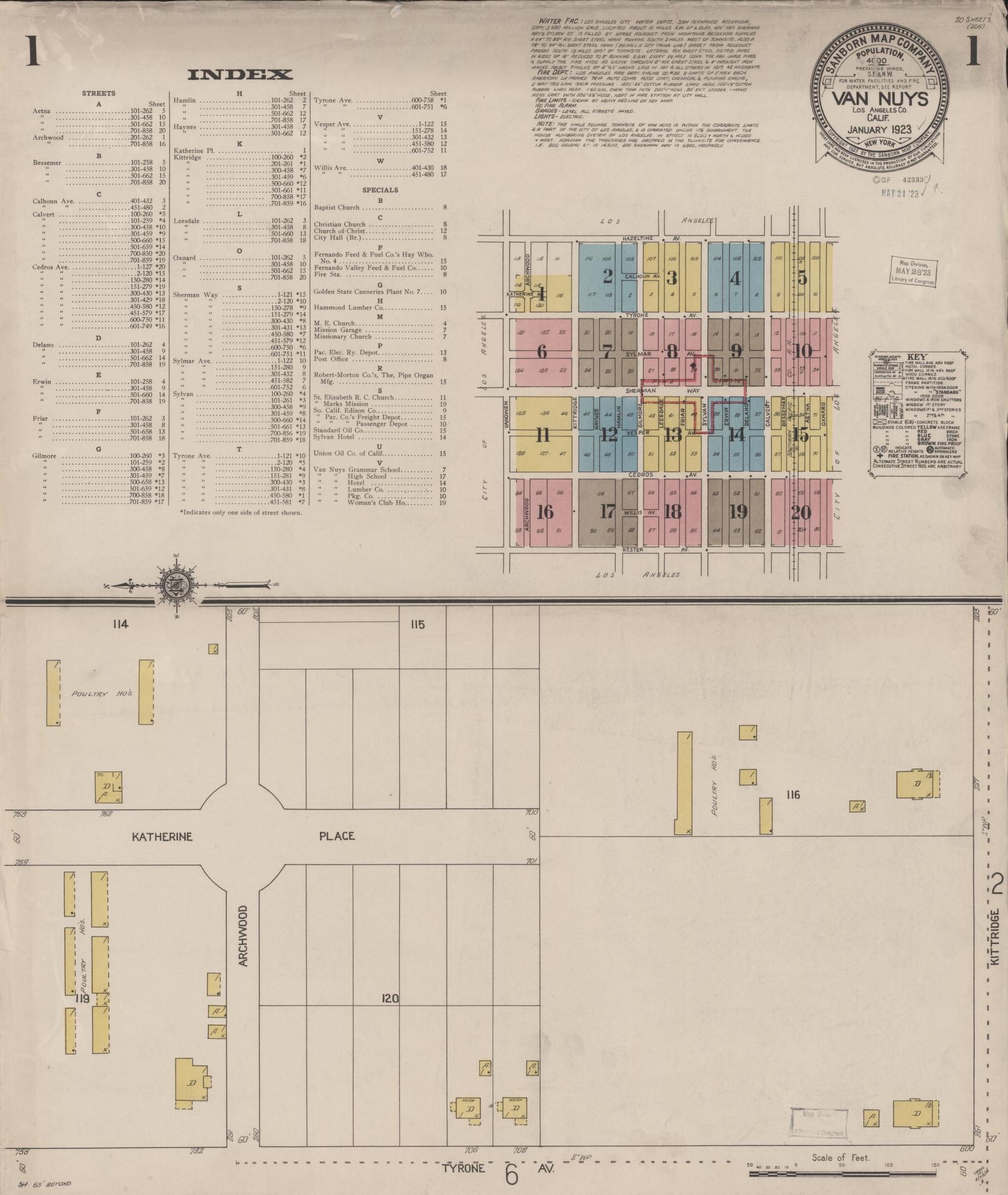 Sanborn Fire Insurance Map from Van Nuys, Los Angeles County, California (1923), Sheet #0001 - Complete Map Set gallery image, historic Sanborn map, vintage wall art, California California