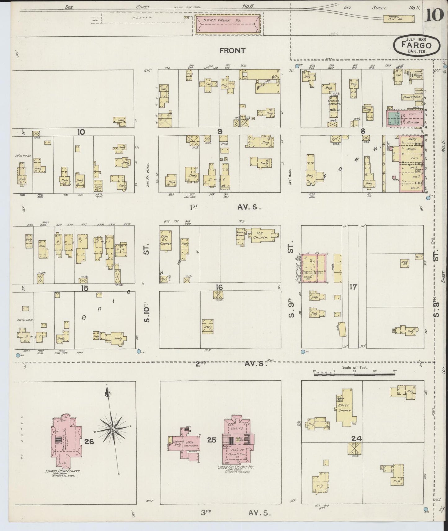 Sanborn Fire Insurance Map from Fargo, Cass County, North Dakota (1888), Sheet #0010 - Historic Sanborn Fire Insurance Map Print, vintage old map wall art, antique decor, genealogy gift, North Dakota North Dakota map