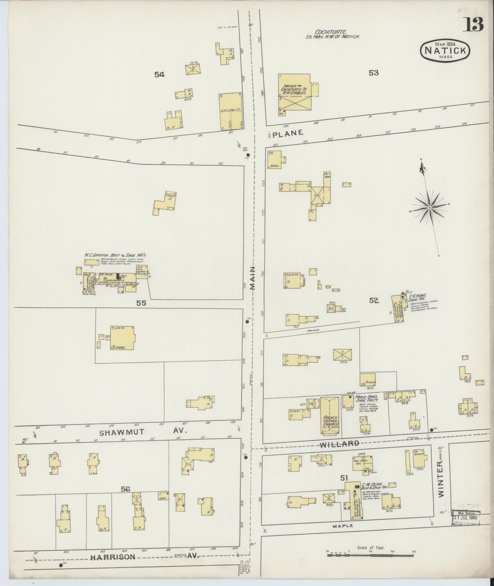 Sanborn Fire Insurance Map from Natick, Middlesex County, Massachusetts (1894), Sheet #0013 - Historic Sanborn Fire Insurance Map Print, vintage old map wall art, antique decor, genealogy gift, Massachusetts Massachusetts map