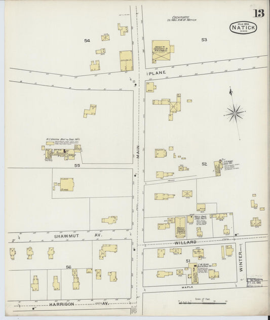 Sanborn Fire Insurance Map from Natick, Middlesex County, Massachusetts (1894), Sheet #0013 - Historic Sanborn Fire Insurance Map Print, vintage old map wall art, antique decor, genealogy gift, Massachusetts Massachusetts map