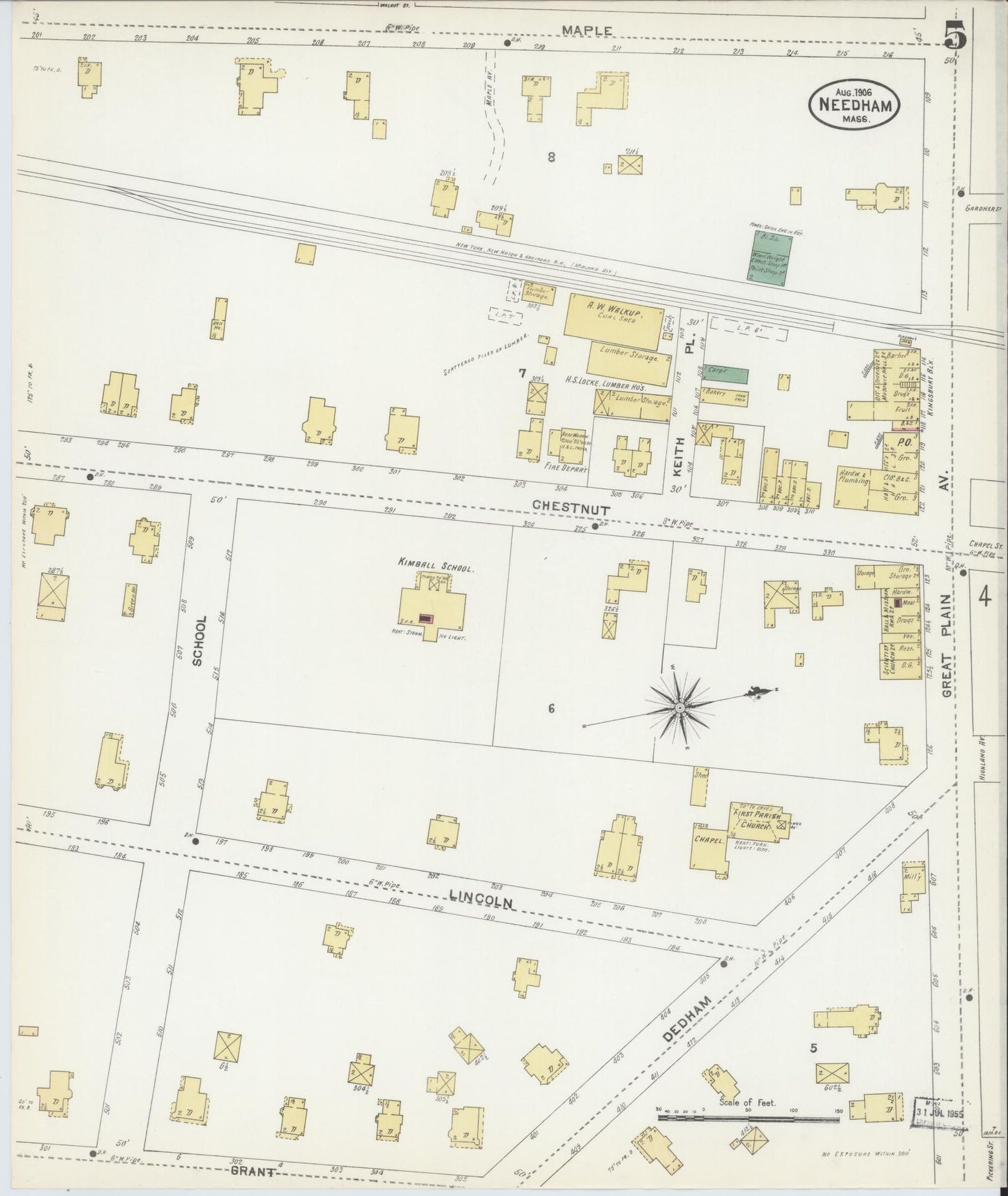 Sanborn Fire Insurance Map from Needham, Norfolk County, Massachusetts (1906), Sheet #0005 - Complete Map Set gallery image, historic Sanborn map, vintage wall art, Massachusetts Massachusetts