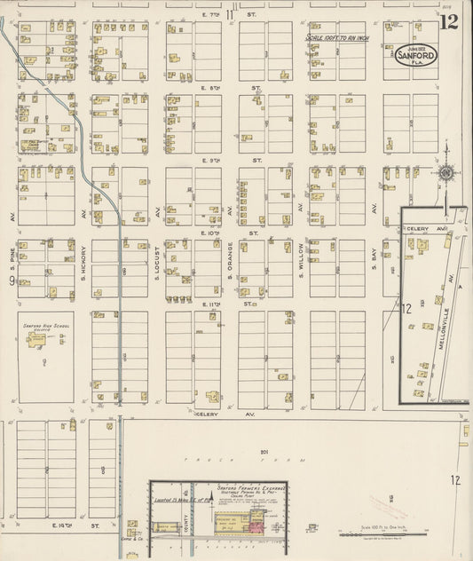 Sanborn Fire Insurance Map from Sanford, Seminole County, Florida (1922), Sheet #0012 - Historic Sanborn Fire Insurance Map Print, vintage old map wall art, antique decor, genealogy gift, Florida Florida map