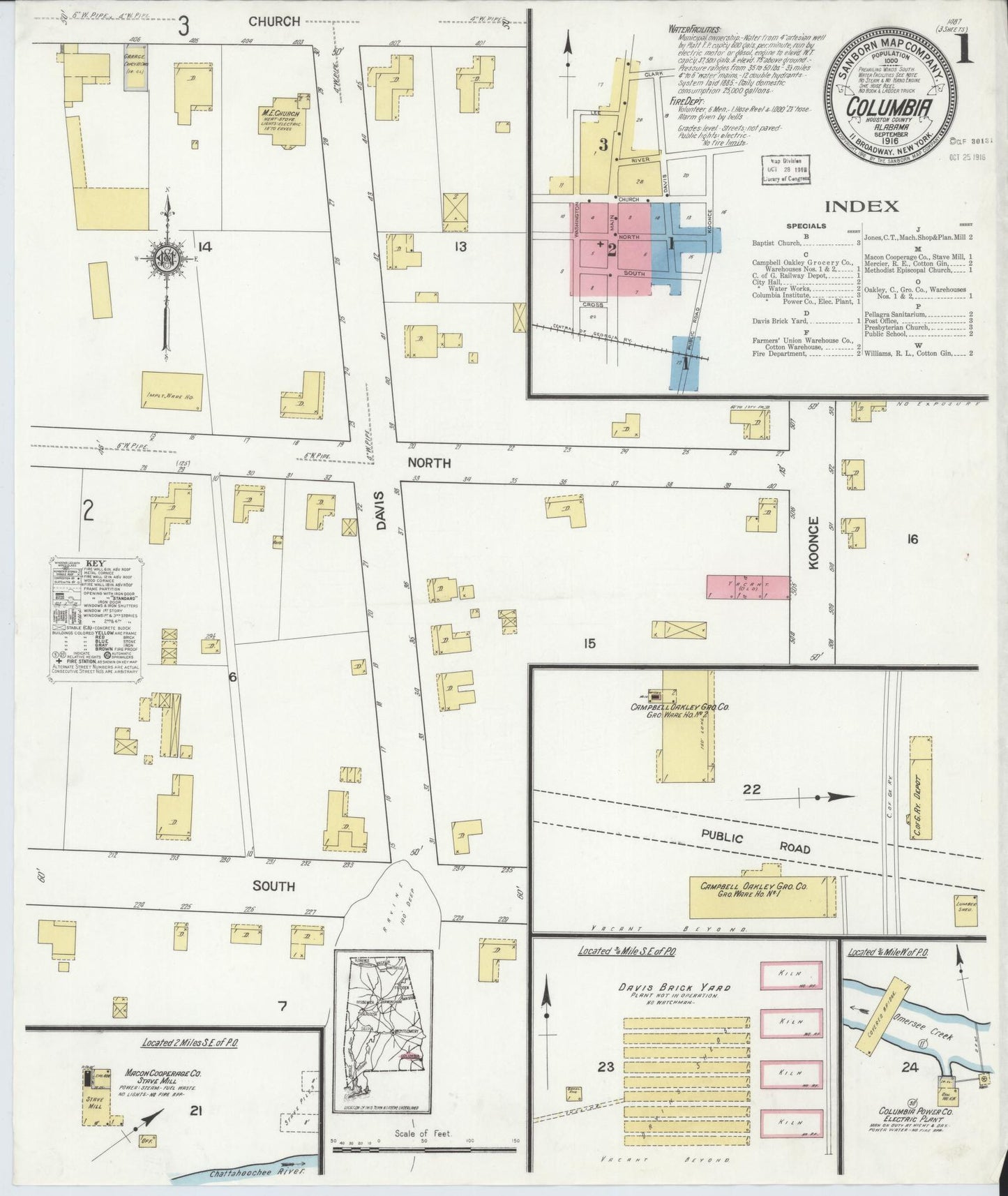 Sanborn Fire Insurance Map from Columbia, Houston County, Alabama (1916), Sheet #0001 - Historic Sanborn Fire Insurance Map Print, vintage old map wall art, antique decor, genealogy gift, Alabama Alabama map