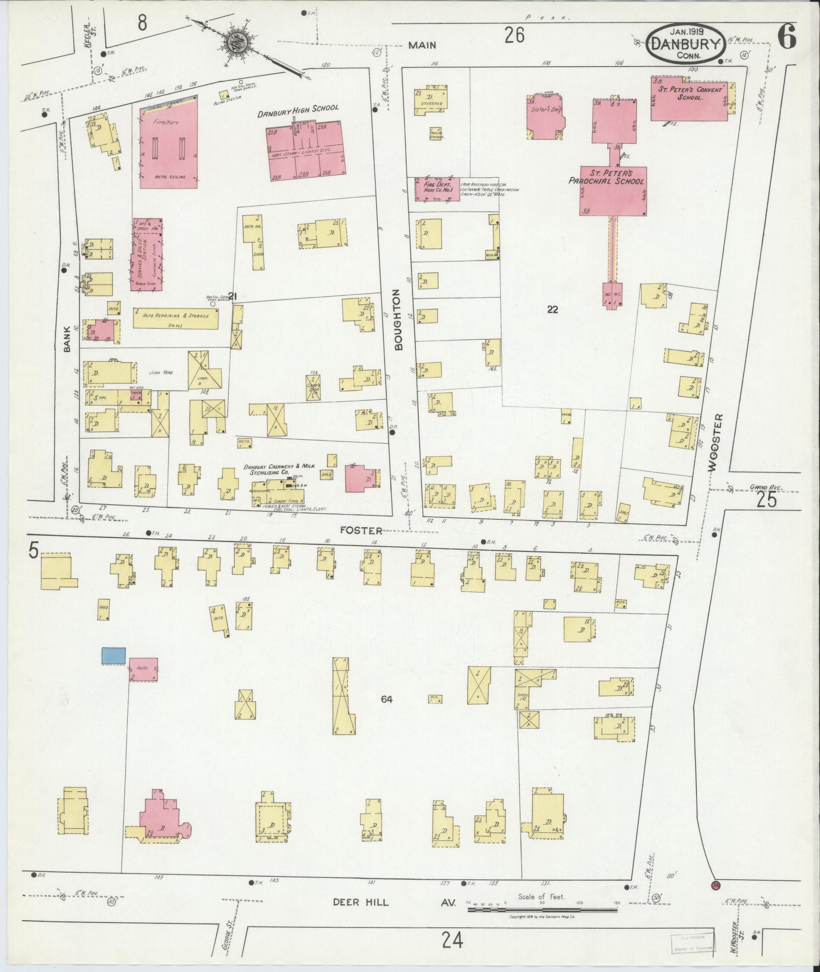 Sanborn Fire Insurance Map from Danbury, Fairfield County, Connecticut (1919), Sheet #0006 - Complete Map Set gallery image, historic Sanborn map, vintage wall art, Connecticut Connecticut