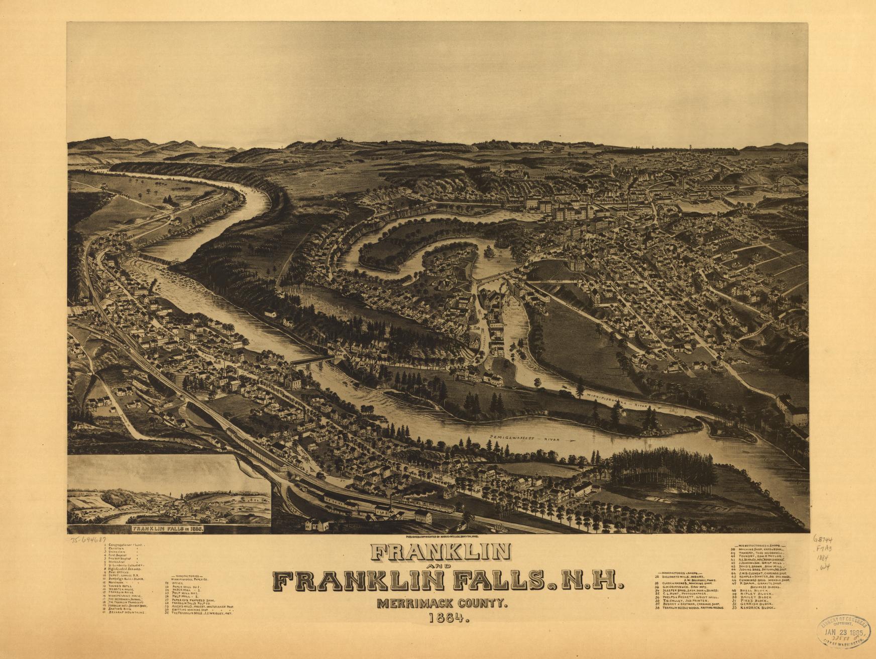 Franklin and Franklin Falls, N.H., Merrimack County, 1884. (1884) – Historic Bird’s-Eye View Panorama Print