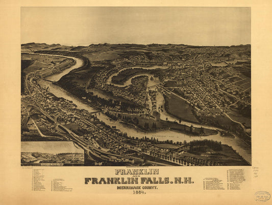 Franklin and Franklin Falls, N.H., Merrimack County, 1884. (1884) – Historic Bird’s-Eye View Panorama Print