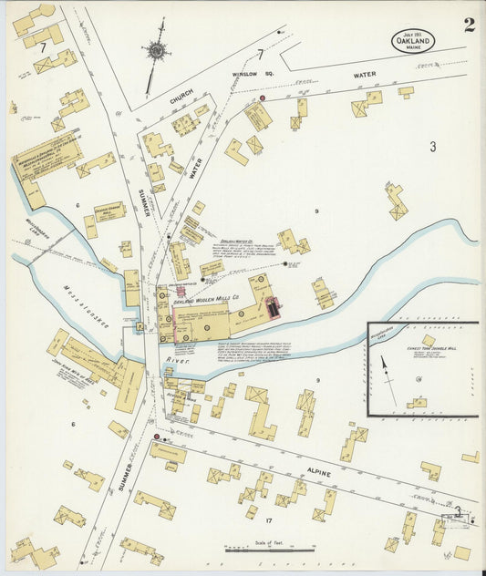 Sanborn Fire Insurance Map from Oakland, Kennebec County, Maine (1911), Sheet #0002 - Historic Sanborn Fire Insurance Map Print, vintage old map wall art, antique decor, genealogy gift, Maine Maine map