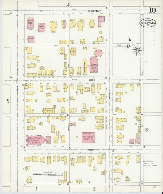 Sanborn Fire Insurance Map from Meadville, Crawford County, Pennsylvania (1905), Sheet #0010 - Historic Sanborn Fire Insurance Map Print, vintage old map wall art, antique decor, genealogy gift, Pennsylvania Pennsylvania map