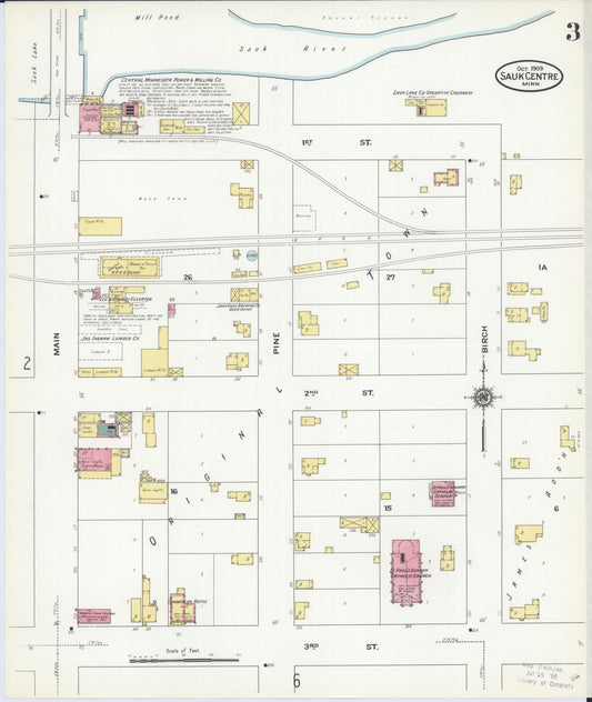 Sanborn Fire Insurance Map from Sauk Centre, Stearns County, Minnesota (1909), Sheet #0003 - Historic Sanborn Fire Insurance Map Print, vintage old map wall art, antique decor, genealogy gift, Minnesota Minnesota map