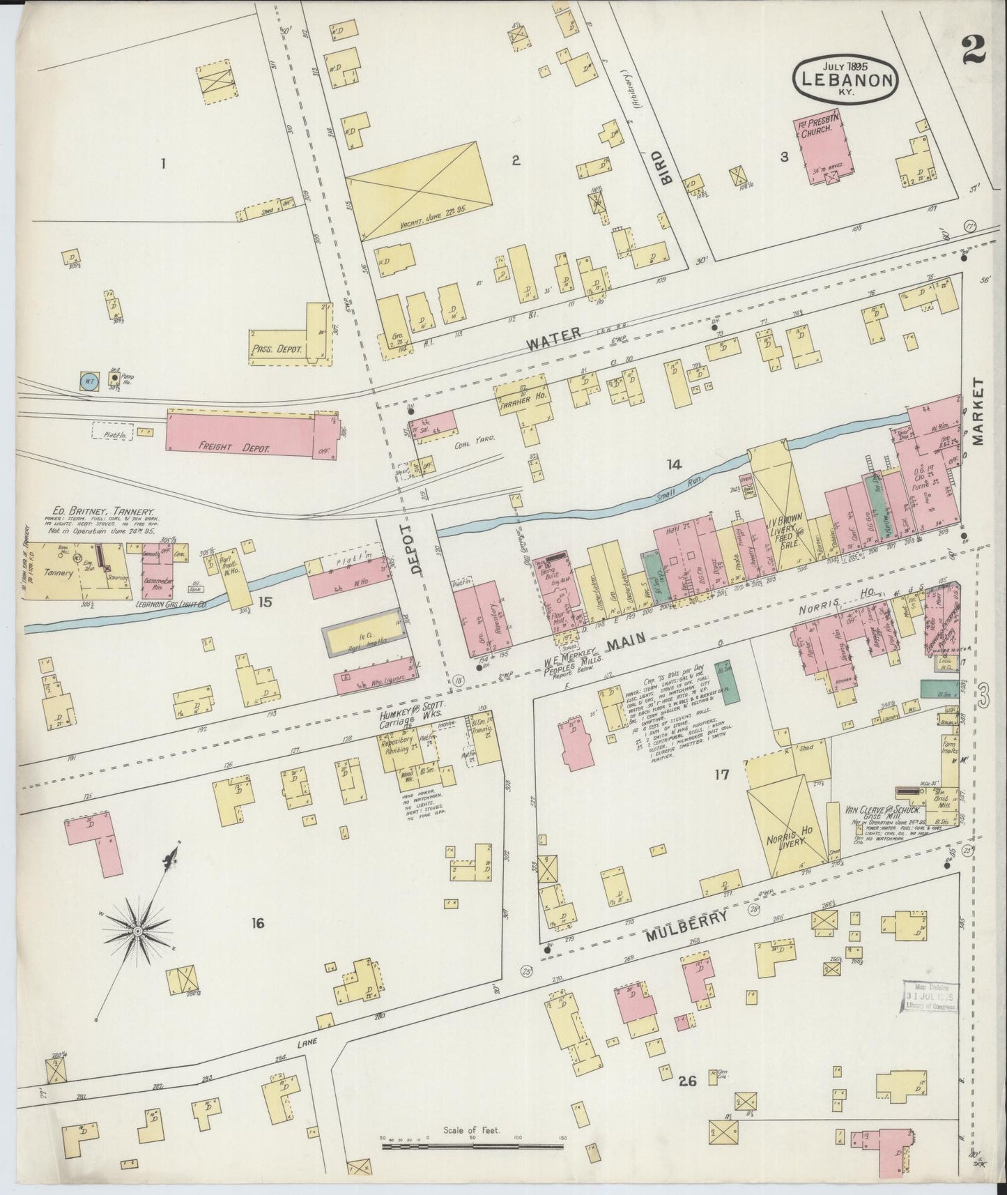 Sanborn Fire Insurance Map from Lebanon, Marion County, Kentucky (1895), Sheet #0002 - Complete Map Set gallery image, historic Sanborn map, vintage wall art, Kentucky Kentucky