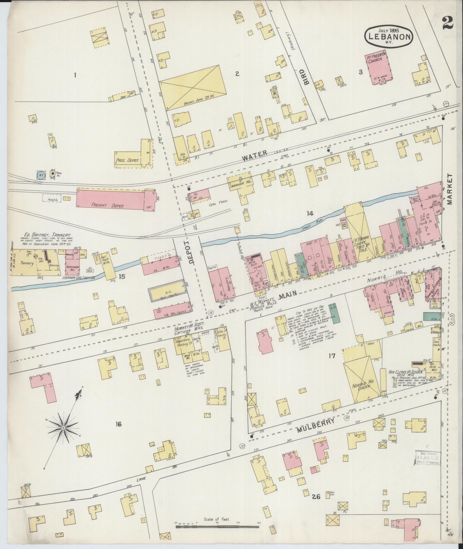 Sanborn Fire Insurance Map from Lebanon, Marion County, Kentucky (1895), Sheet #0002 - Complete Map Set gallery image, historic Sanborn map, vintage wall art, Kentucky Kentucky