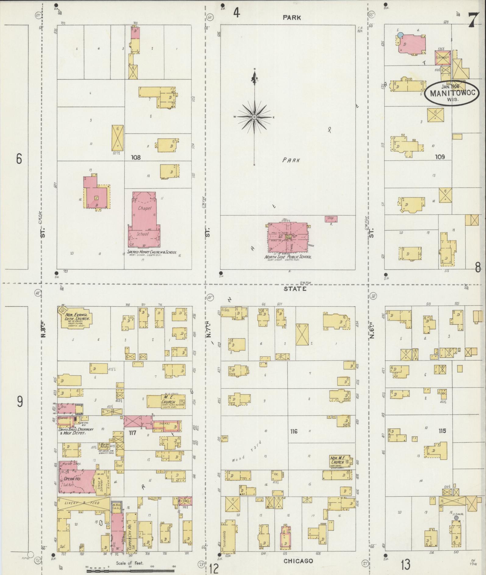 Sanborn Fire Insurance Map from Manitowoc, Manitowoc County, Wisconsin (1906), Sheet #0007 - Historic Sanborn Fire Insurance Map Print, vintage old map wall art, antique decor, genealogy gift, Wisconsin Wisconsin map