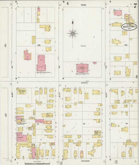 Sanborn Fire Insurance Map from Manitowoc, Manitowoc County, Wisconsin (1906), Sheet #0007 - Historic Sanborn Fire Insurance Map Print, vintage old map wall art, antique decor, genealogy gift, Wisconsin Wisconsin map