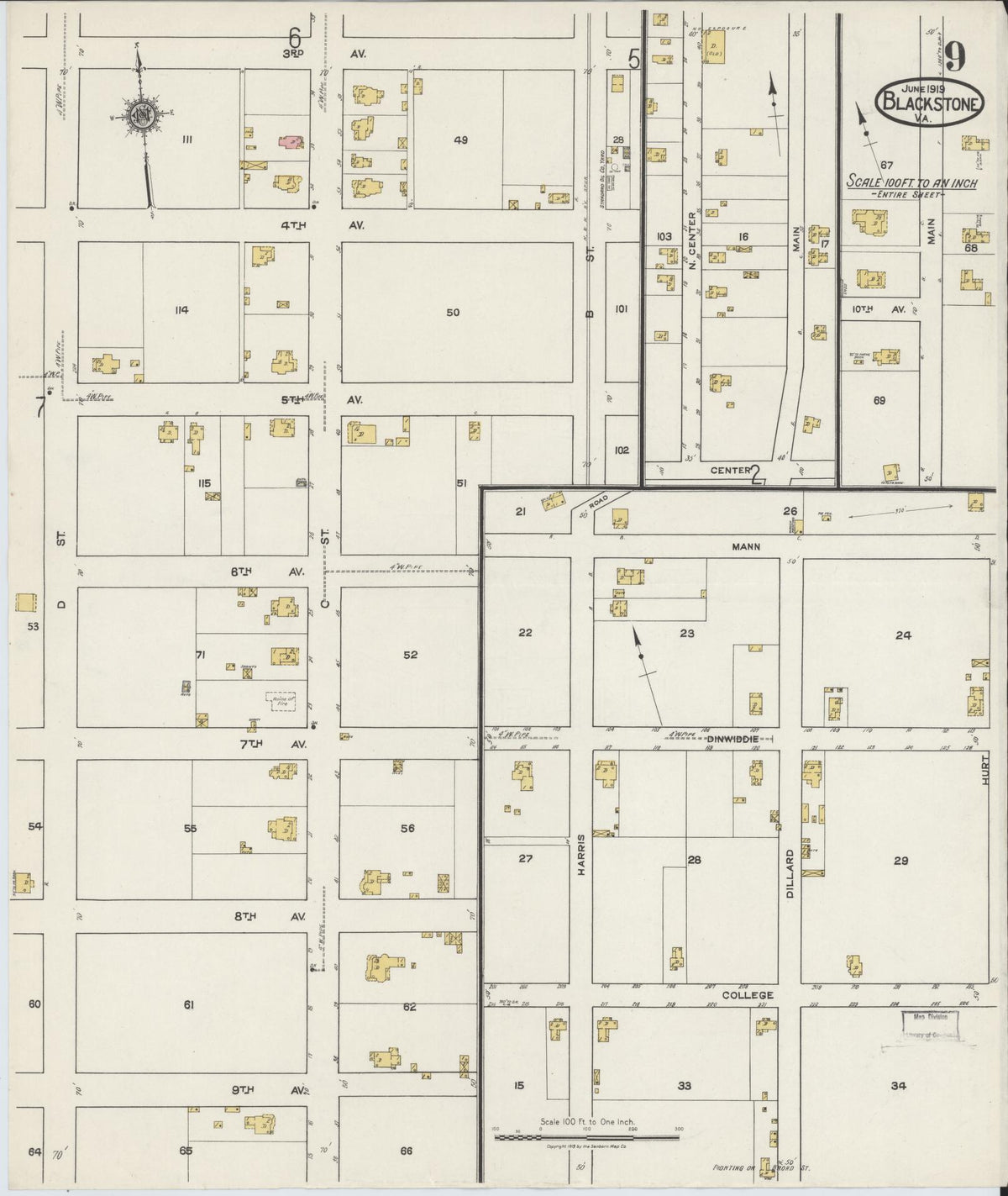 Sanborn Fire Insurance Map from Blackstone, Nottoway County, Virginia (1919), Sheet #0009 - Complete Map Set gallery image, historic Sanborn map, vintage wall art, Virginia Virginia