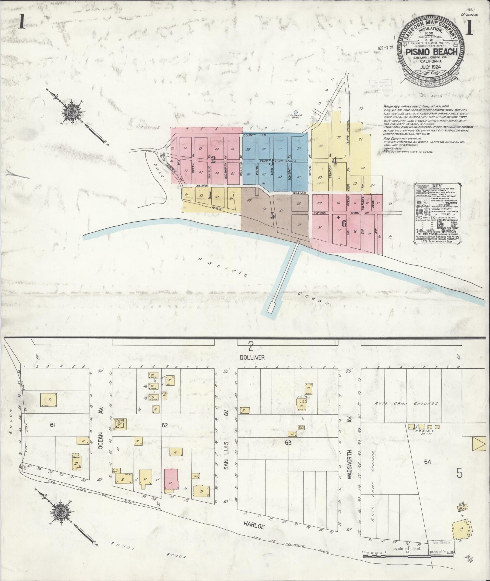 Sanborn Fire Insurance Map from Pismo Beach, San Luis Obispo County, California (1924), Sheet #0001 - Complete Map Set gallery image, historic Sanborn map, vintage wall art, California California