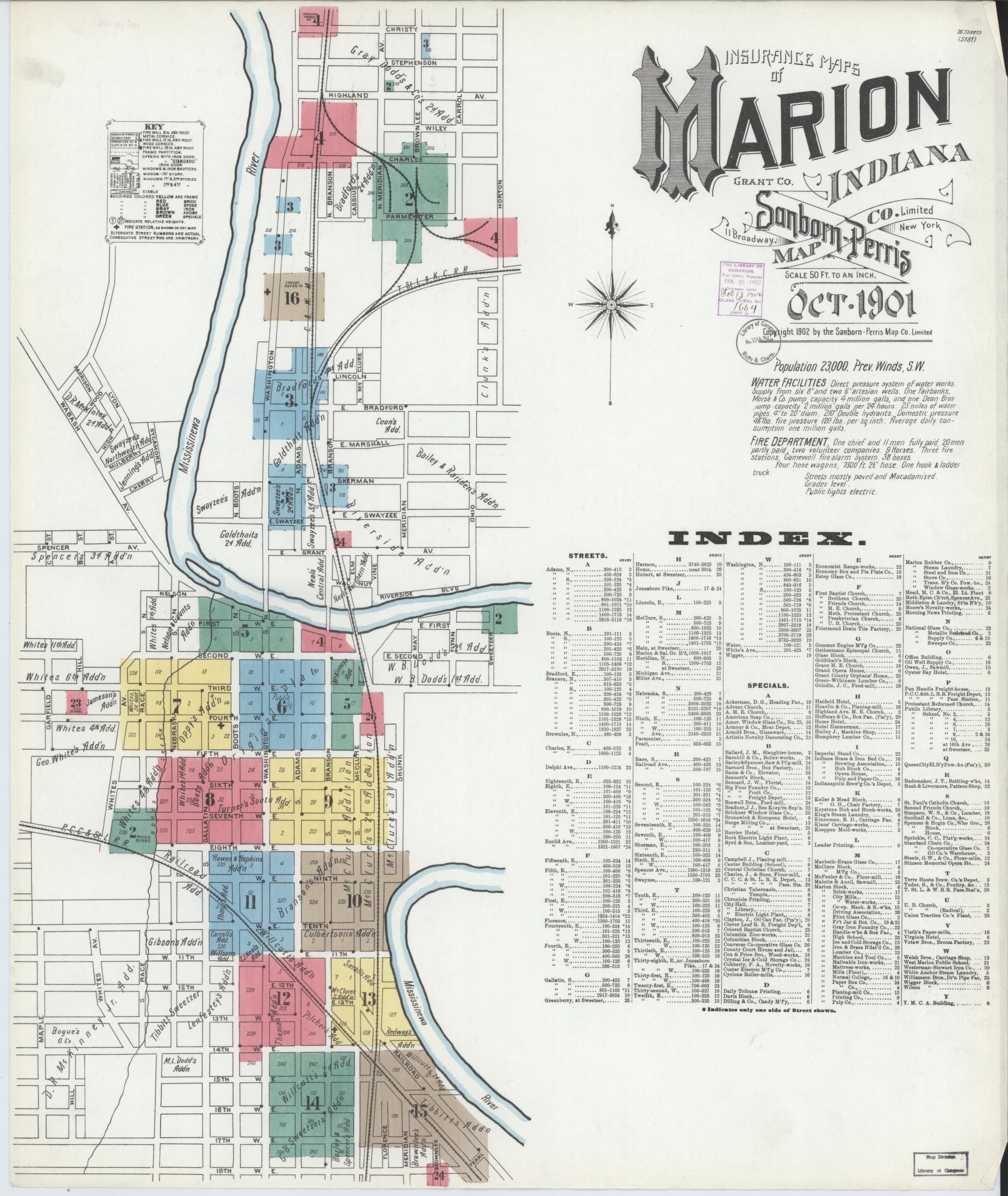 Sanborn Fire Insurance Map from Marion, Grant County, Indiana (1901), Sheet #0001 - Historic Sanborn Fire Insurance Map Print, vintage old map wall art, antique decor, genealogy gift, Indiana Indiana map