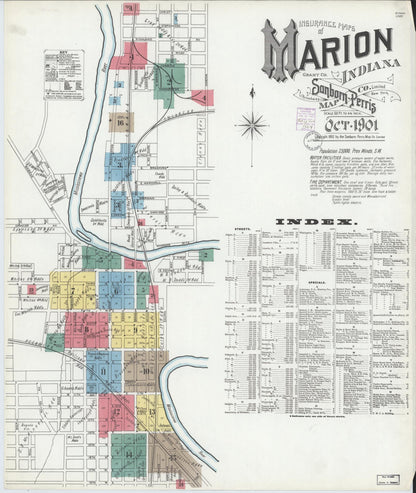 Sanborn Fire Insurance Map from Marion, Grant County, Indiana (1901), Sheet #0001 - Historic Sanborn Fire Insurance Map Print, vintage old map wall art, antique decor, genealogy gift, Indiana Indiana map