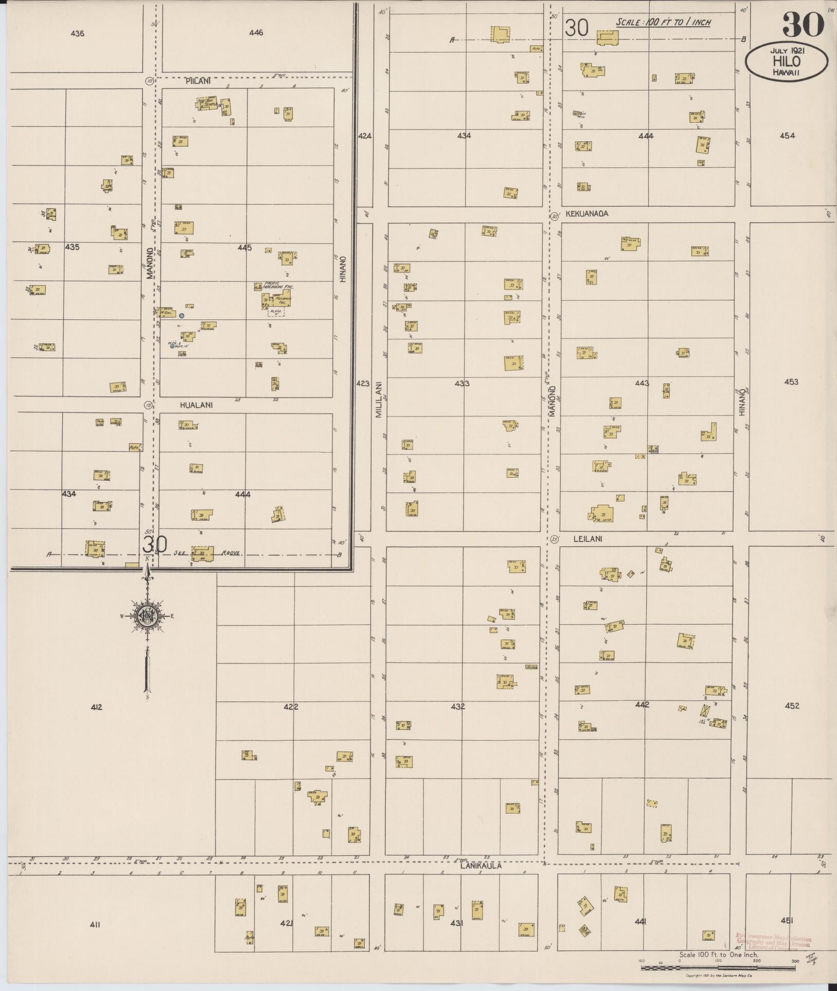 Sanborn Fire Insurance Map from Hilo, Hawaii County, Hawaii (1921), Sheet #0030 - Historic Sanborn Fire Insurance Map Print