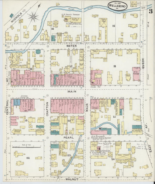 Sanborn Fire Insurance Map from Wellsboro, Tioga County, Pennsylvania (1891), Sheet #0003 - Historic Sanborn Fire Insurance Map Print, vintage old map wall art, antique decor, genealogy gift, Pennsylvania Pennsylvania map