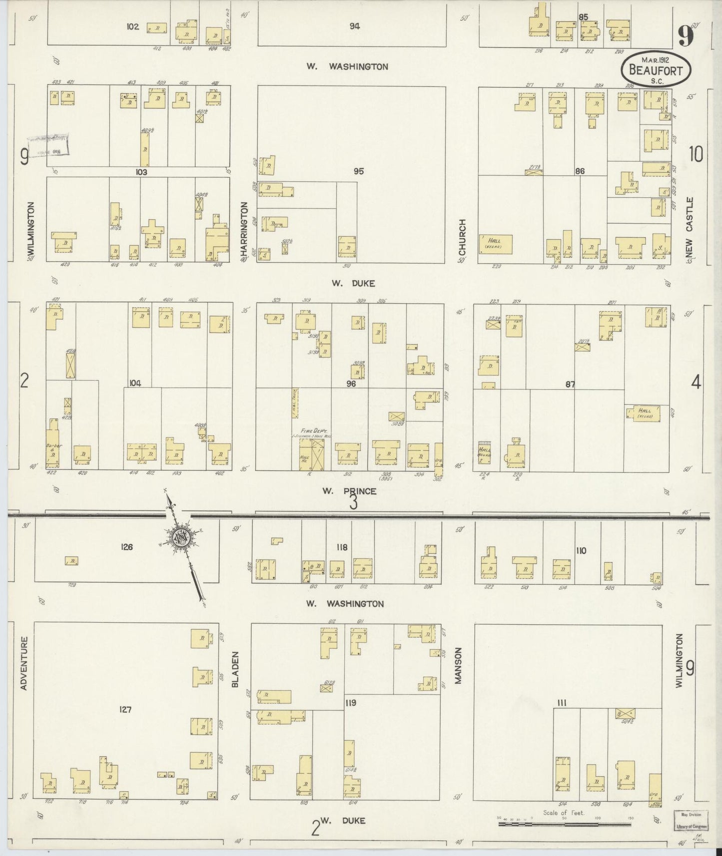 Sanborn Fire Insurance Map from Beaufort, Beaufort County, South Carolina (1912), Sheet #0009 - Complete Map Set gallery image, historic Sanborn map, vintage wall art, South Carolina South Carolina