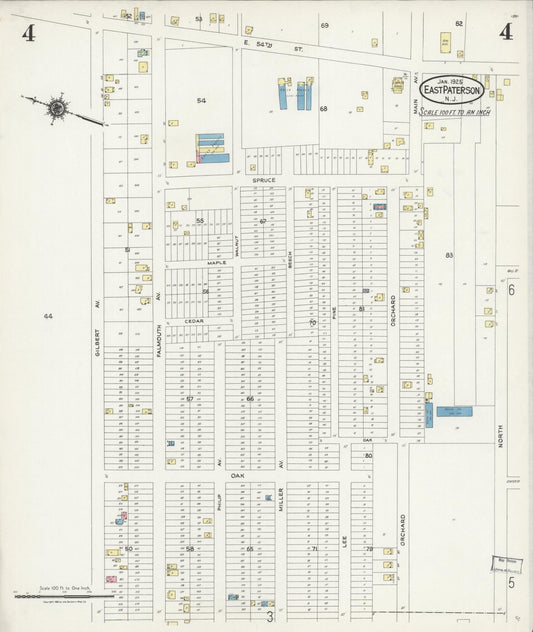 Sanborn Fire Insurance Map from East Paterson, Bergen County, New Jersey (1925), Sheet #0004 - Historic Sanborn Fire Insurance Map Print, vintage old map wall art, antique decor, genealogy gift, New Jersey New Jersey map