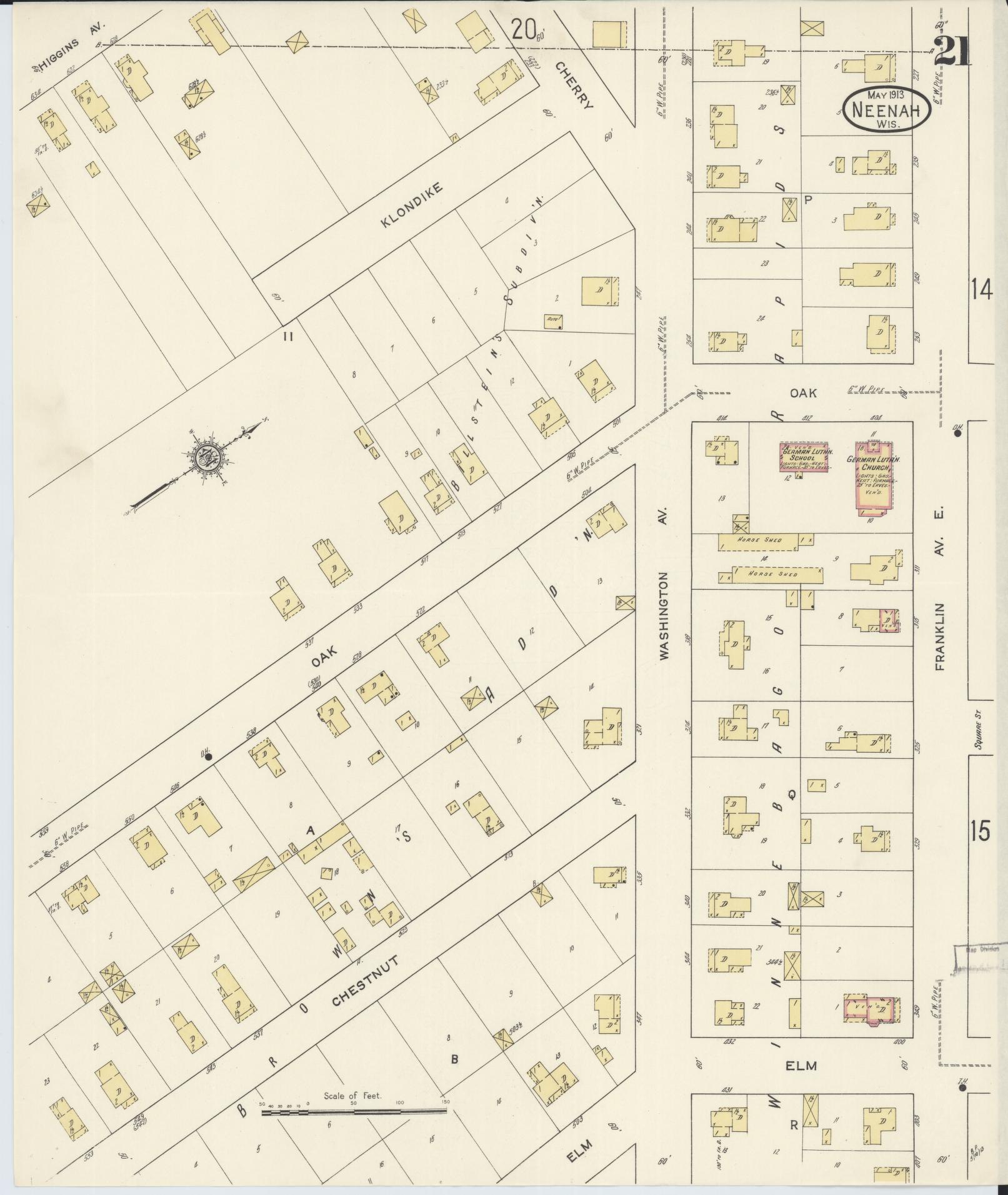 Sanborn Fire Insurance Map from Neenah, Winnebago County, Wisconsin (1913), Sheet #0021 - Historic Sanborn Fire Insurance Map Print, vintage old map wall art, antique decor, genealogy gift, Wisconsin Wisconsin map