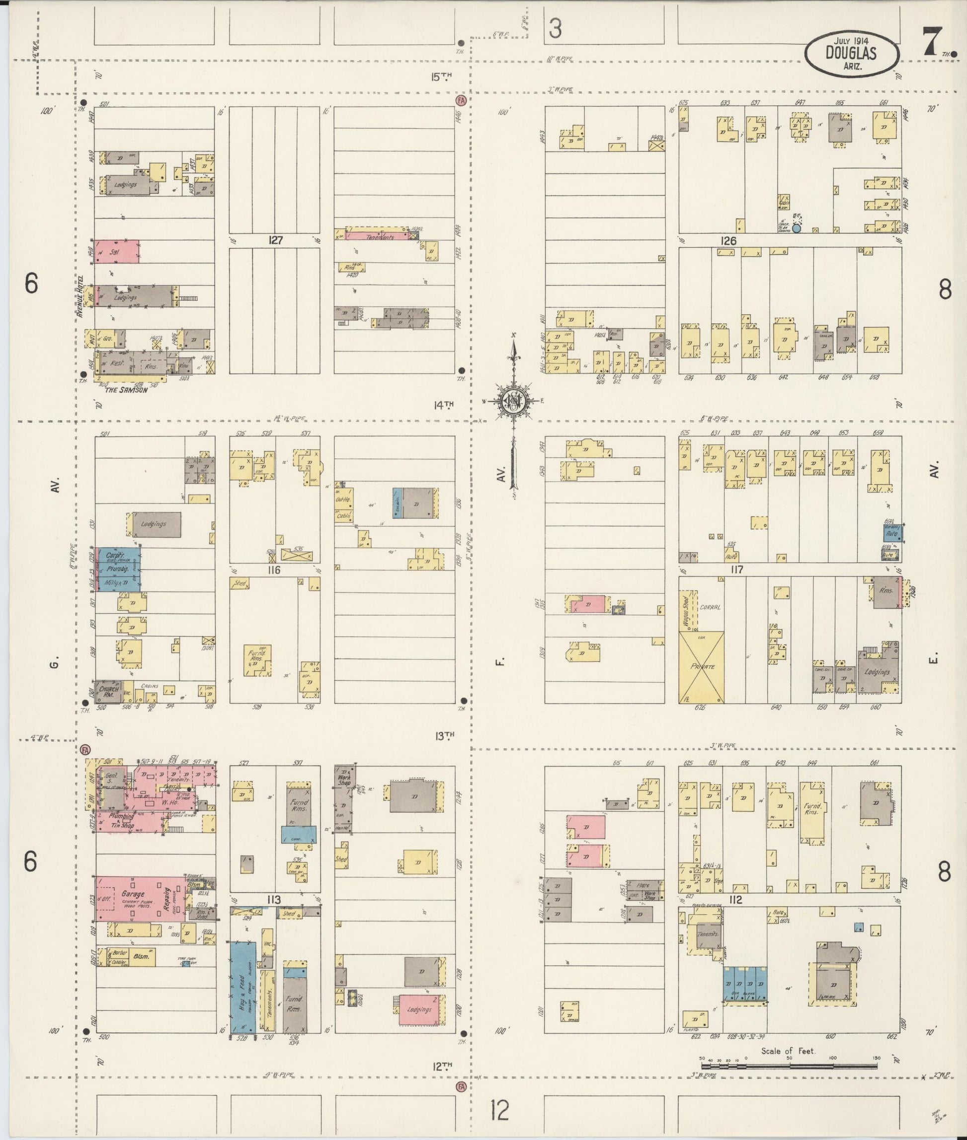 Sanborn Fire Insurance Map from Douglas, Cochise County, Arizona (1914), Sheet #0007 - Complete Map Set gallery image, historic Sanborn map, vintage wall art, Arizona Arizona