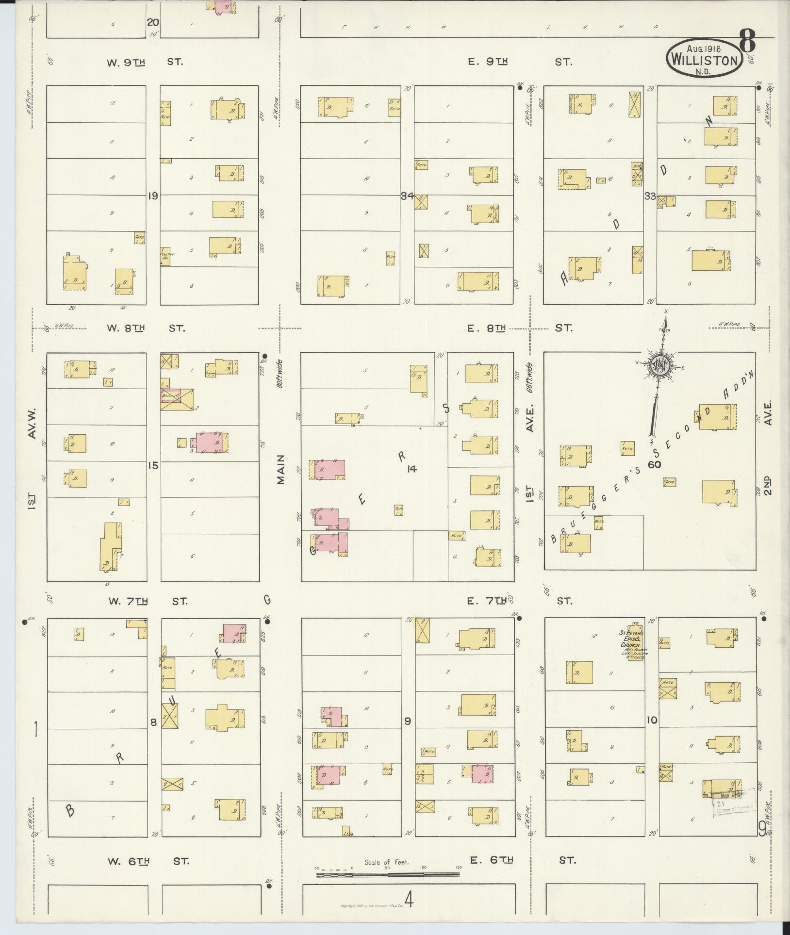 Sanborn Fire Insurance Map from Williston, Williams County, North Dakota (1916), Sheet #0008 - Historic Sanborn Fire Insurance Map Print, vintage old map wall art, antique decor, genealogy gift, North Dakota North Dakota map