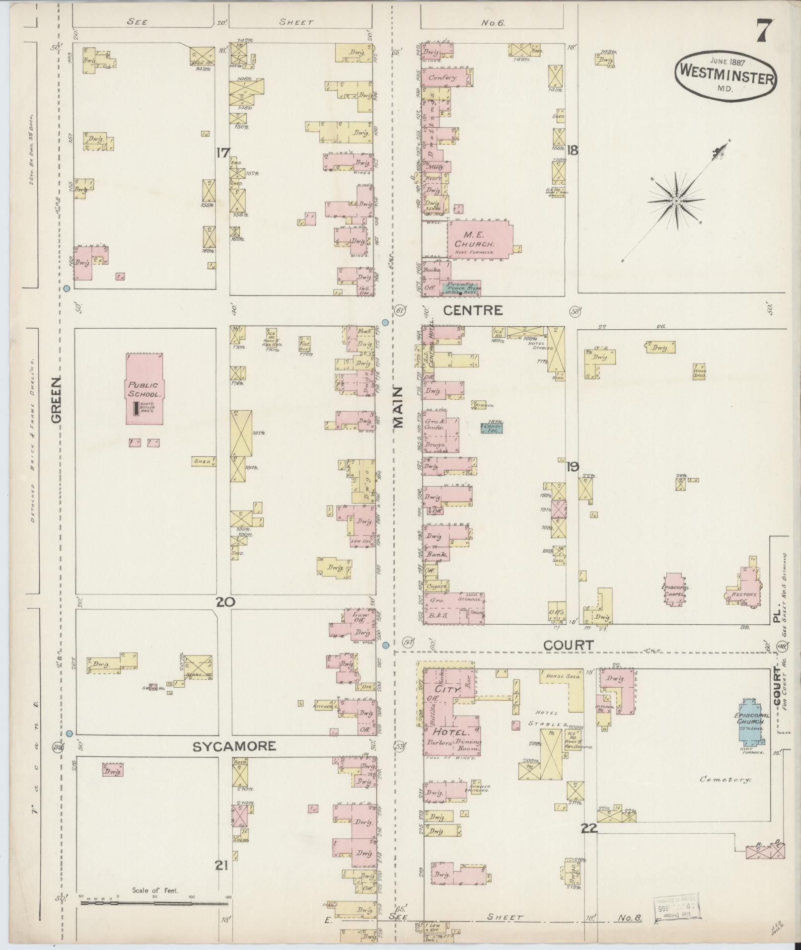 Sanborn Fire Insurance Map from Westminster, Carroll County, Maryland (1887), Sheet #0007 - Historic Sanborn Fire Insurance Map Print, vintage old map wall art, antique decor, genealogy gift, Maryland Maryland map