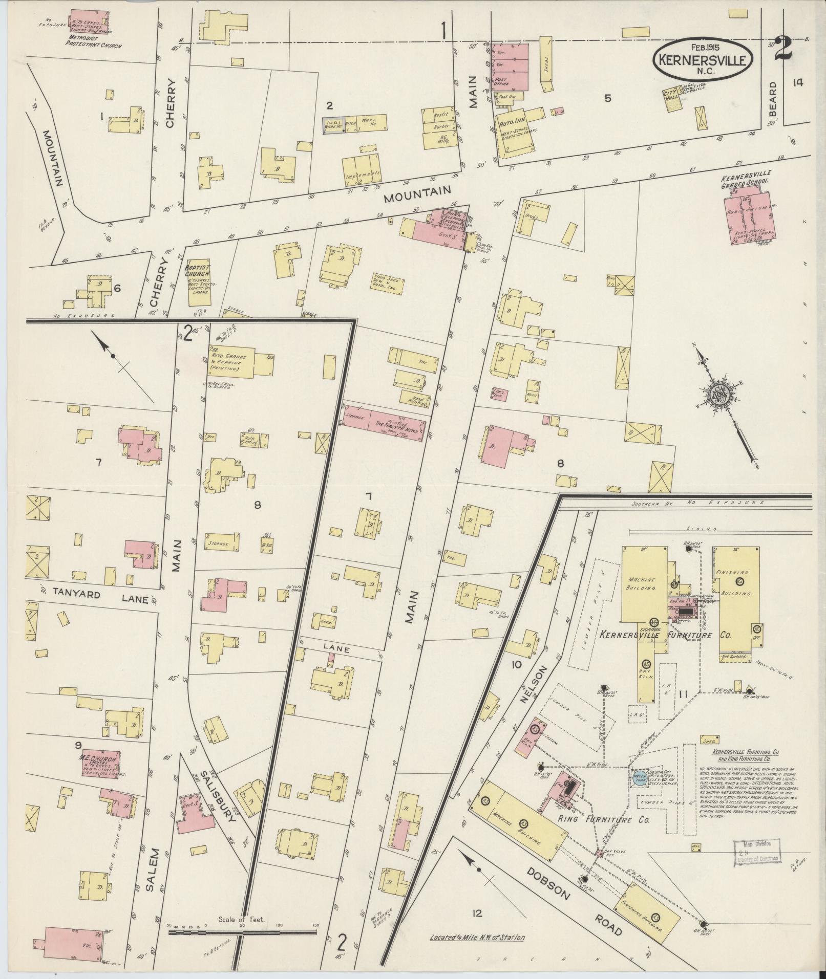 Sanborn Fire Insurance Map from Kernersville, Forsyth County, North Carolina (1915), Sheet #0002 - Complete Map Set gallery image, historic Sanborn map, vintage wall art, North Carolina North Carolina