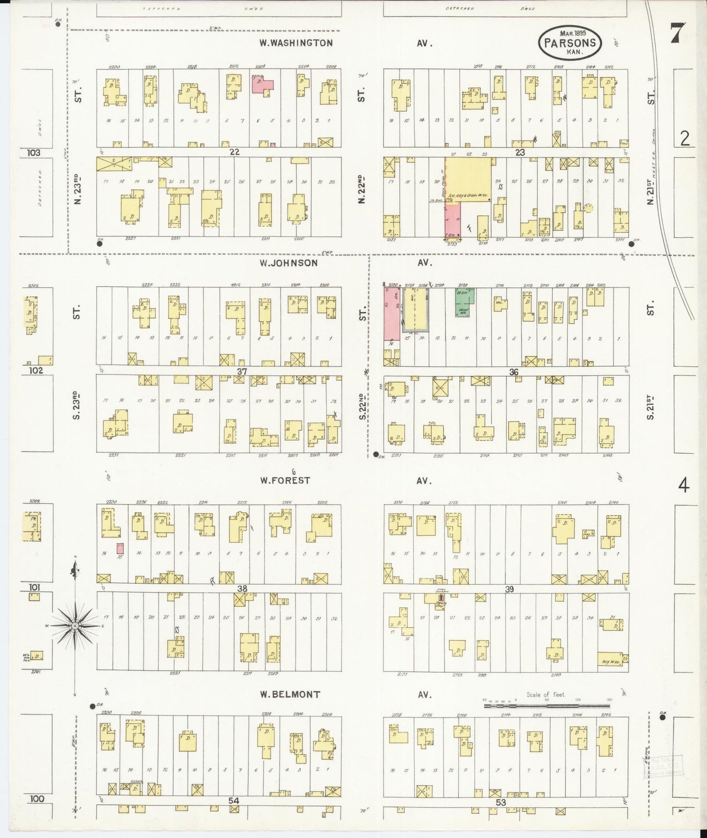 Sanborn Fire Insurance Map from Parsons, Labette County, Kansas (1899), Sheet #0007 - Complete Map Set gallery image, historic Sanborn map, vintage wall art, Kansas Kansas