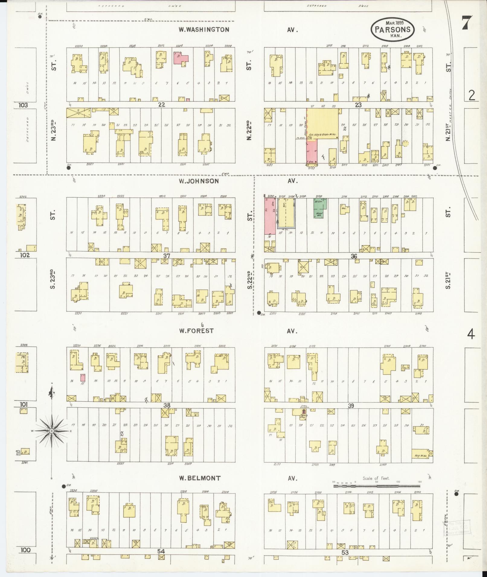 Sanborn Fire Insurance Map from Parsons, Labette County, Kansas (1899), Sheet #0007 - Complete Map Set gallery image, historic Sanborn map, vintage wall art, Kansas Kansas